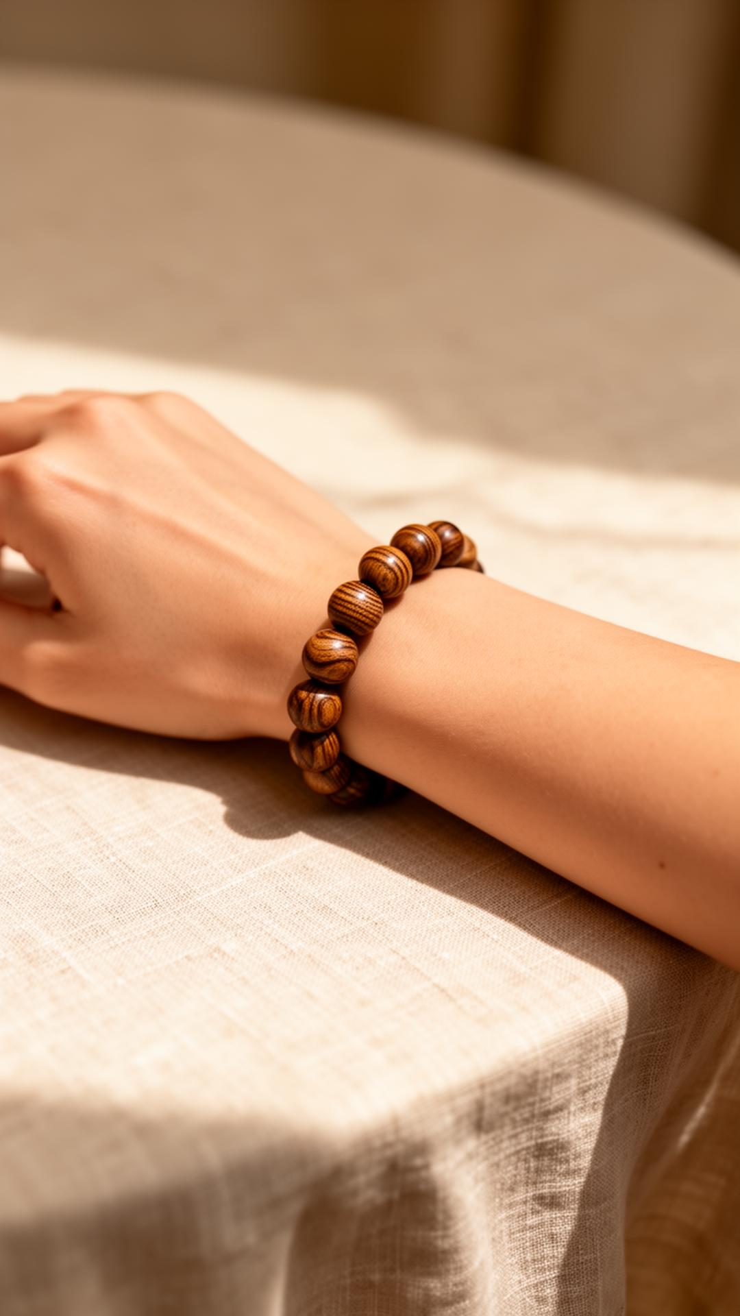 Natural wooden beaded bracelet worn on a wrist in soft natural light